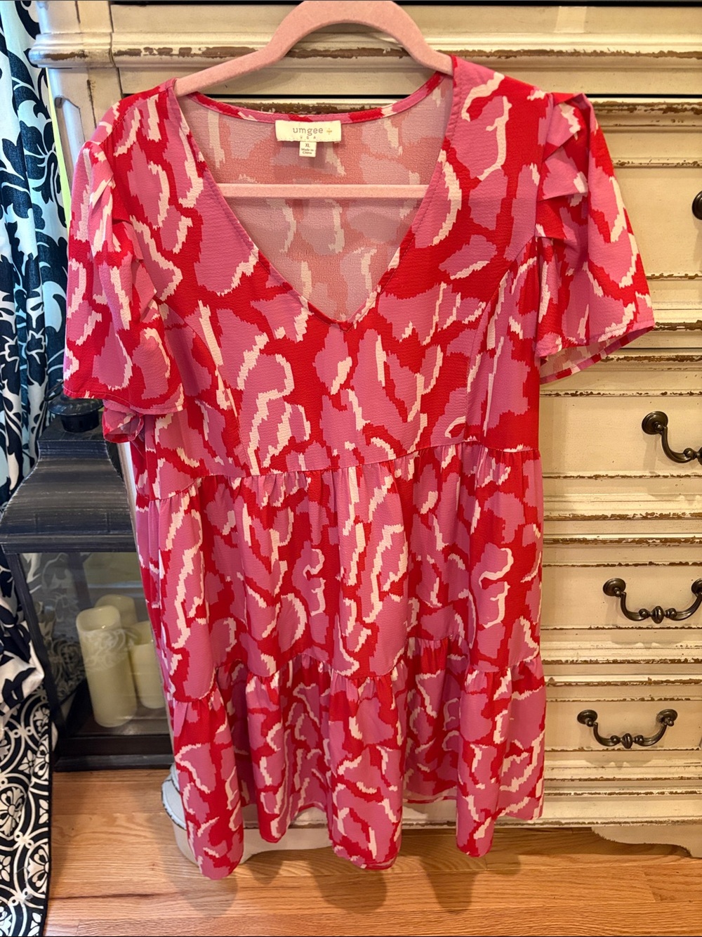 Umgee Pink & Red Abstract V-Neck Tiered Tunic
